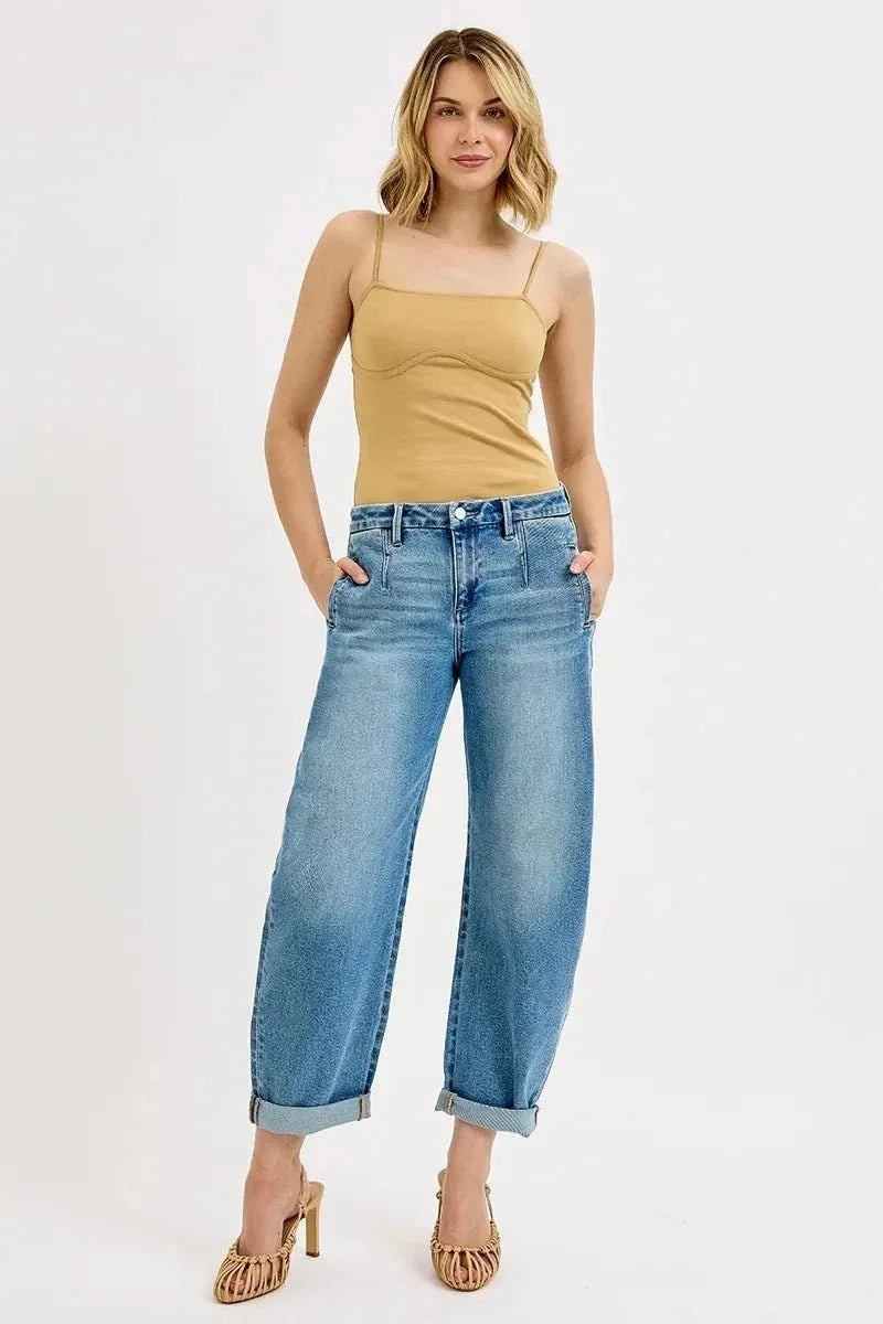 RISEN Full Size Mid Rise Fit Barrel Roll Up Jeans Plus Size - VILLA FASHION